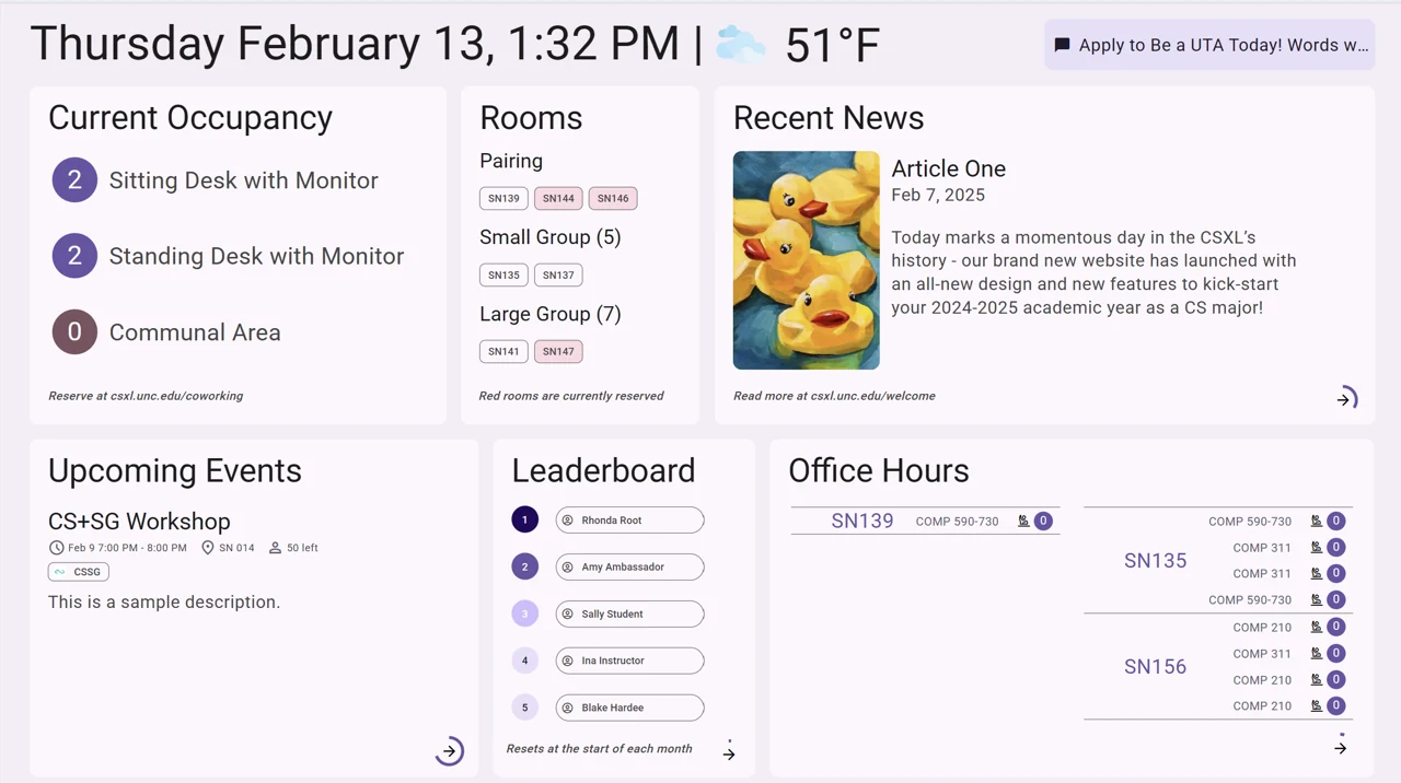 The lounge signage combines occupancy, room availability, news, events, a leaderboard, and office hours.