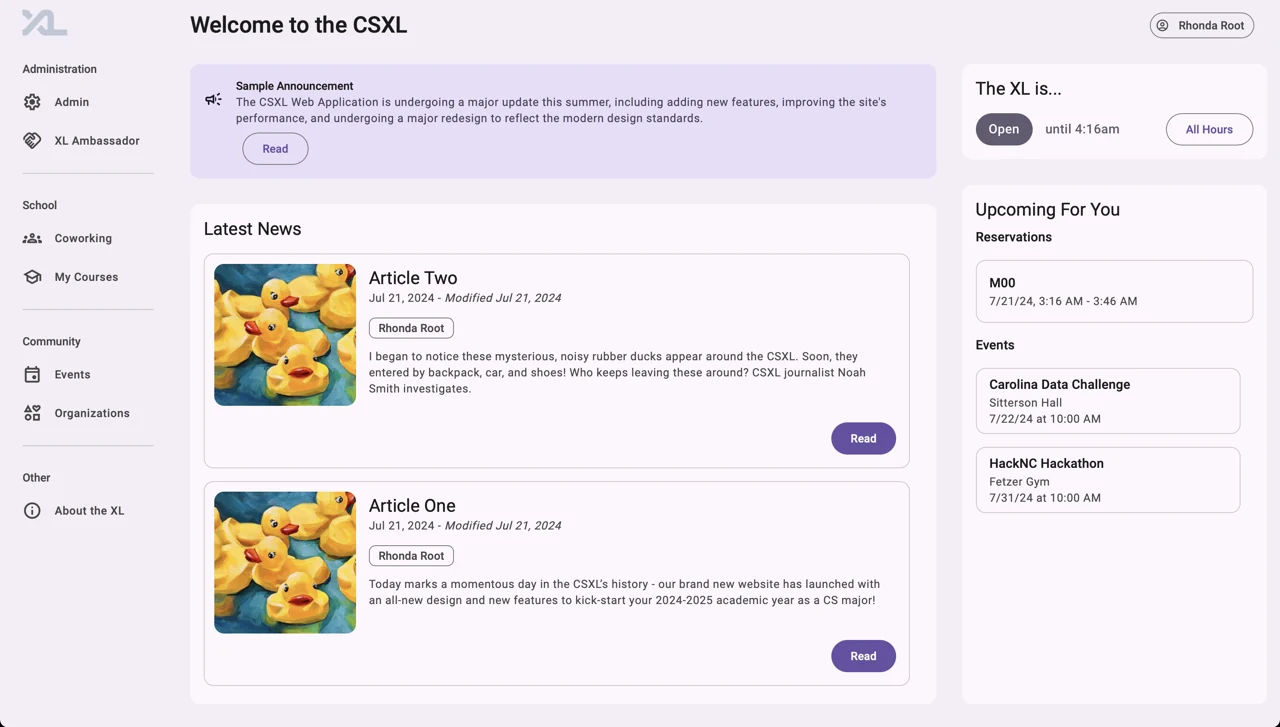 The CSXL welcome page brings news, opening hours, reservations, and events into one view.