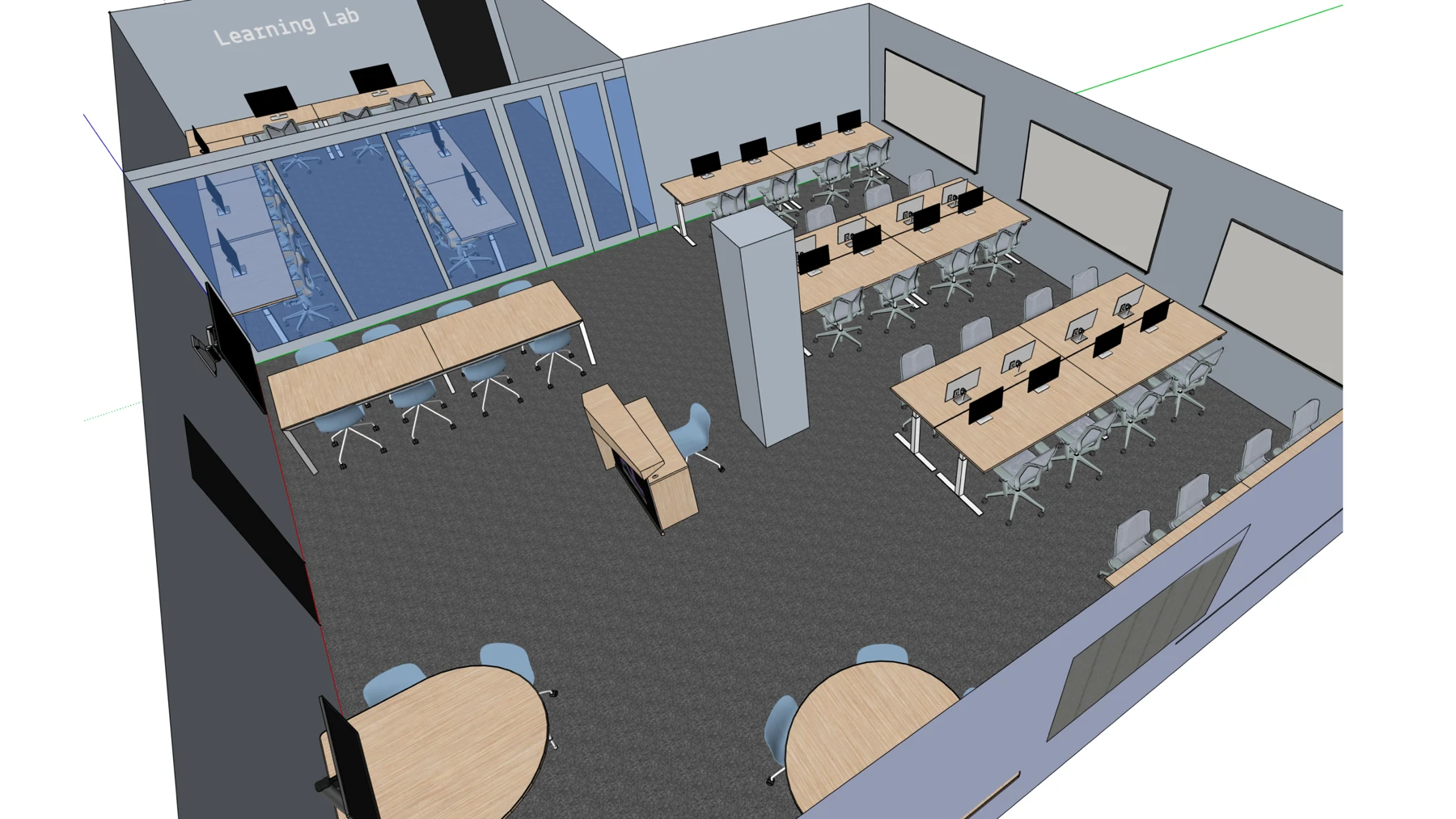 October 2022 oblique SketchUp view of proposed workstation rows, shared tables and the learning lab behind glass.