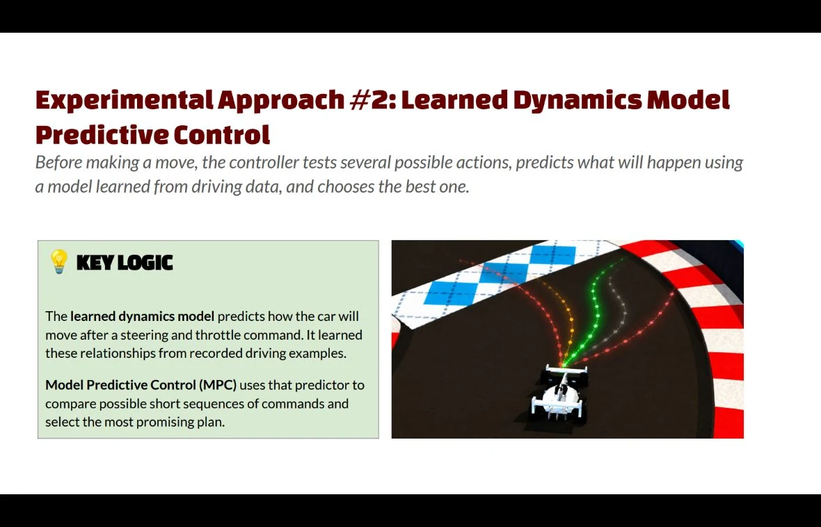COMP590 presentation slide on learned dynamics model predictive control showing multiple possible paths in front of a car